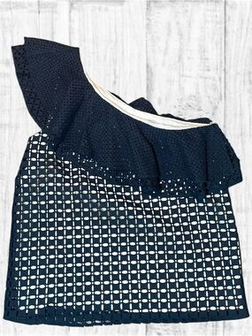 J.Crew Black One Shoulder Eyelet Ruffle Top Size 0 NWOT Cotton Lined